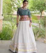 Navratri White Gamthi Work Lehenga Choli in Cotton Poly