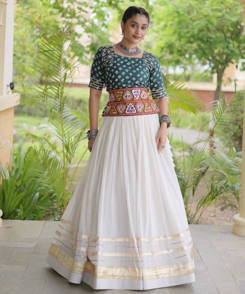 Navratri White Gamthi Work Lehenga Choli in Cotton Poly