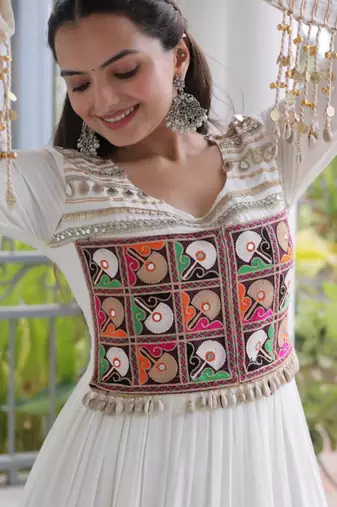 White rayon embroidered flared gown set
