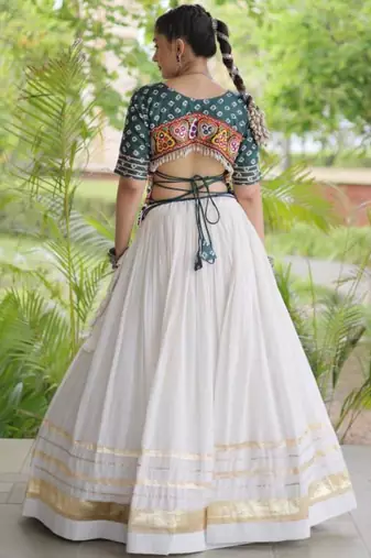 Navratri White Gamthi Work Lehenga Choli in Cotton Poly