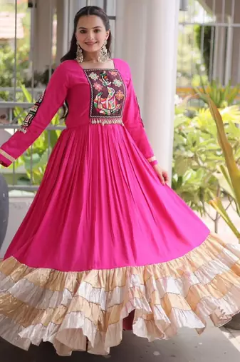 Rani-pink rayon embroidered flared gown set