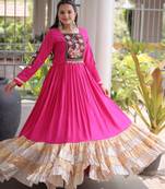 Rani-pink rayon embroidered flared gown set