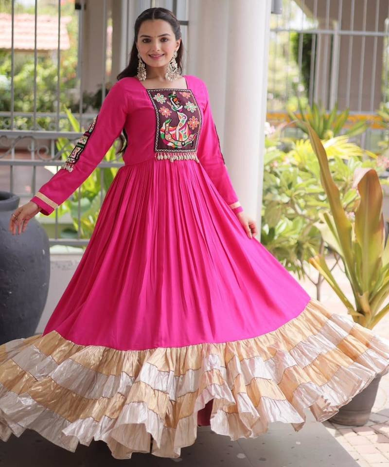 Rani-pink rayon embroidered flared gown set