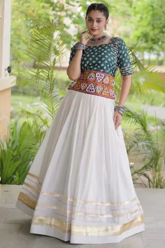 Navratri White Gamthi Work Lehenga Choli in Cotton Poly