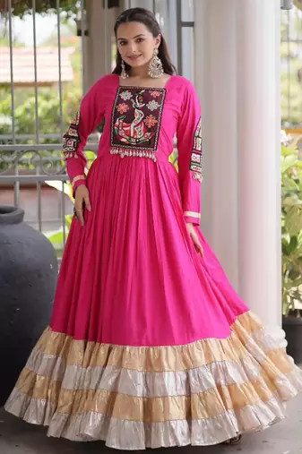 Rani-pink rayon embroidered flared gown set