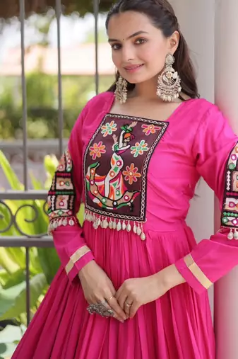 Rani-pink rayon embroidered flared gown set