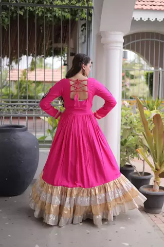 Rani-pink rayon embroidered flared gown set