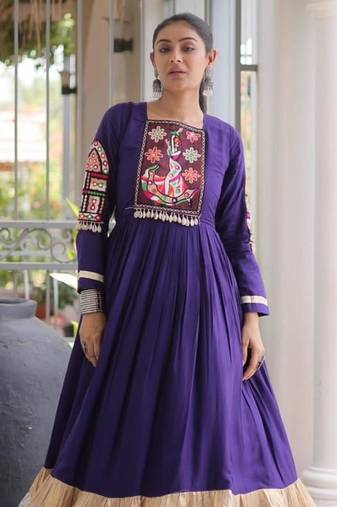 Purple rayon embroidered flared gown set