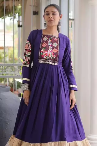 Purple rayon embroidered flared gown set