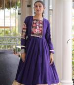 Purple rayon embroidered flared gown set
