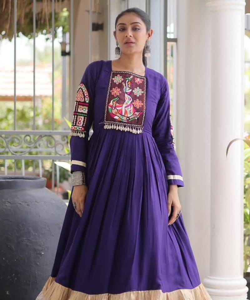 Purple rayon embroidered flared gown set
