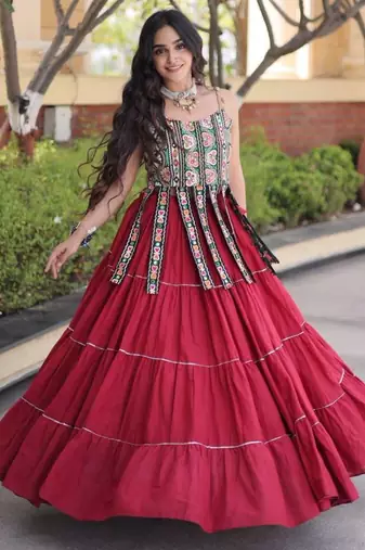 Navratri Maroon Dori Detail Lehenga Choli in Cotton Poly
