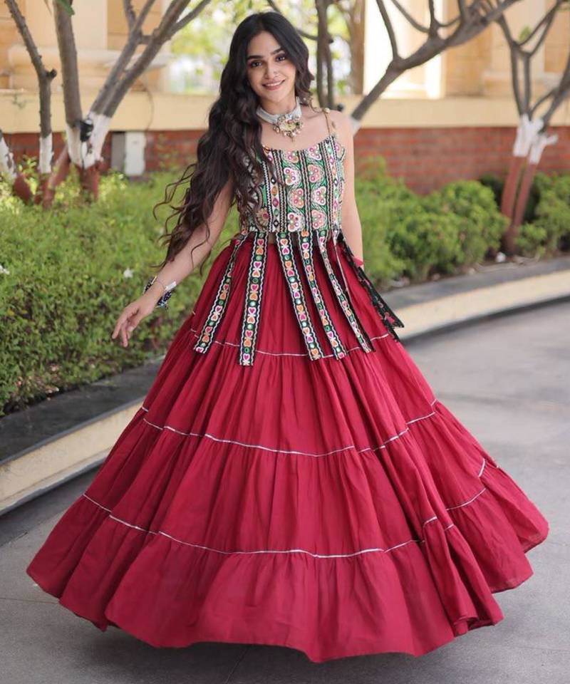 Navratri Maroon Dori Detail Lehenga Choli in Cotton Poly
