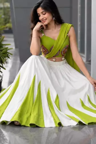 Navratri White Mirror Work Lehenga Choli in Cotton Poly