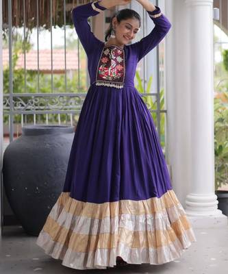 Purple rayon embroidered flared gown set 2