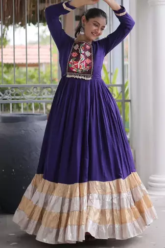 Purple rayon embroidered flared gown set