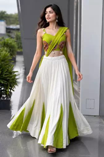 Navratri White Mirror Work Lehenga Choli in Cotton Poly