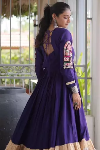 Purple rayon embroidered flared gown set