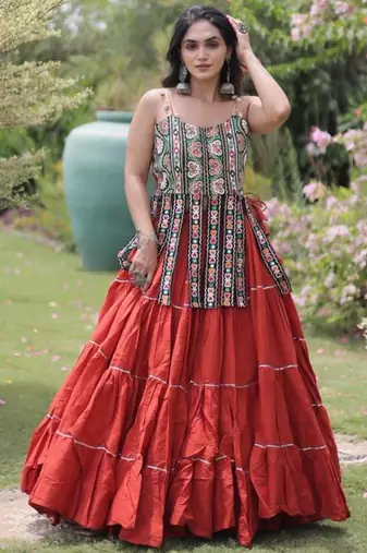 Navratri Orange Dori Detail Lehenga Choli in Cotton Poly