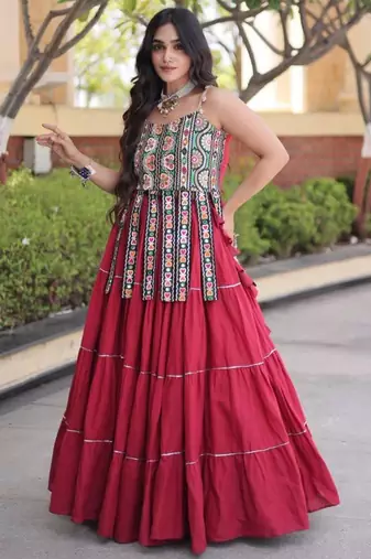 Navratri Maroon Dori Detail Lehenga Choli in Cotton Poly