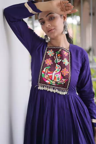 Purple rayon embroidered flared gown set