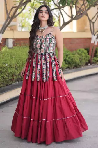 Navratri Maroon Dori Detail Lehenga Choli in Cotton Poly