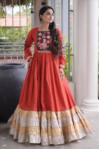 Orange rayon embroidered flared gown set