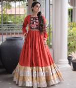Orange rayon embroidered flared gown set