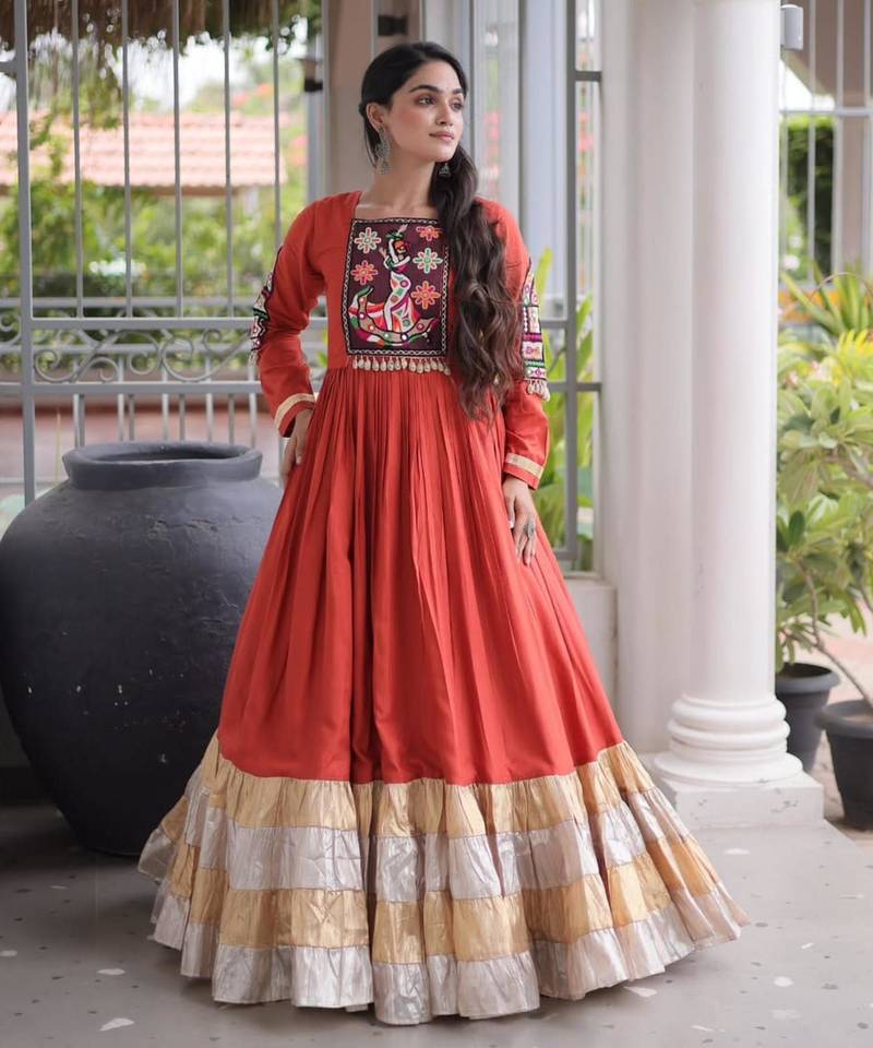 Orange rayon embroidered flared gown set