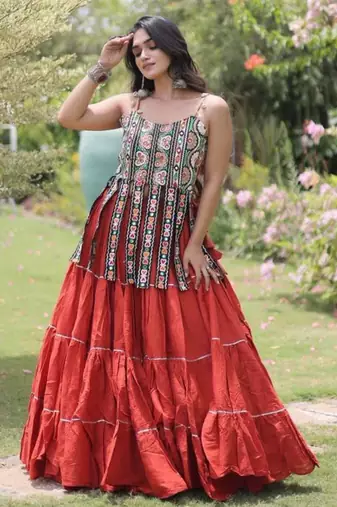 Navratri Orange Dori Detail Lehenga Choli in Cotton Poly