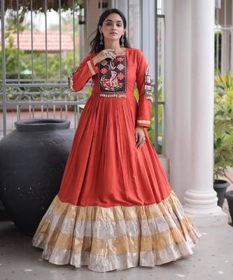 Orange rayon embroidered flared gown set 2