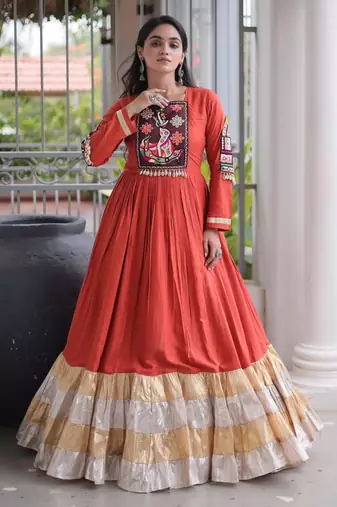 Orange rayon embroidered flared gown set