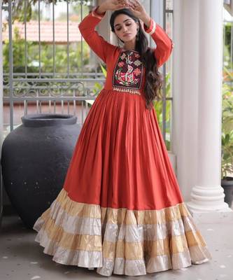 Orange rayon embroidered flared gown set 4