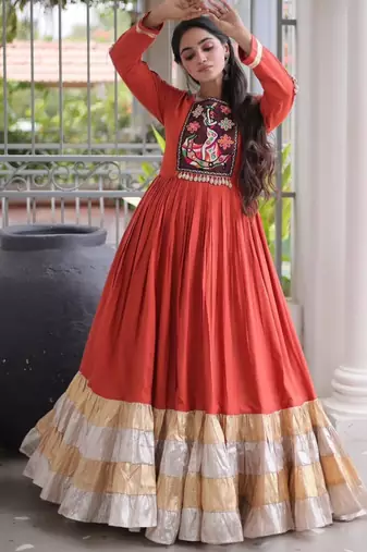 Orange rayon embroidered flared gown set