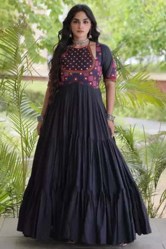 Black cotton poly embroidered flared gown set