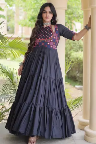 Black cotton poly embroidered flared gown set