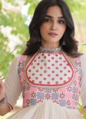 Off-white cotton poly embroidered flared gown set 2