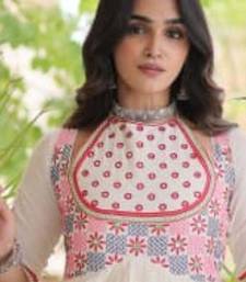 Off-white cotton poly embroidered flared gown set