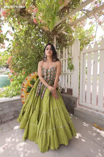 Navratri Green Dori Detail Lehenga Choli in Cotton Poly