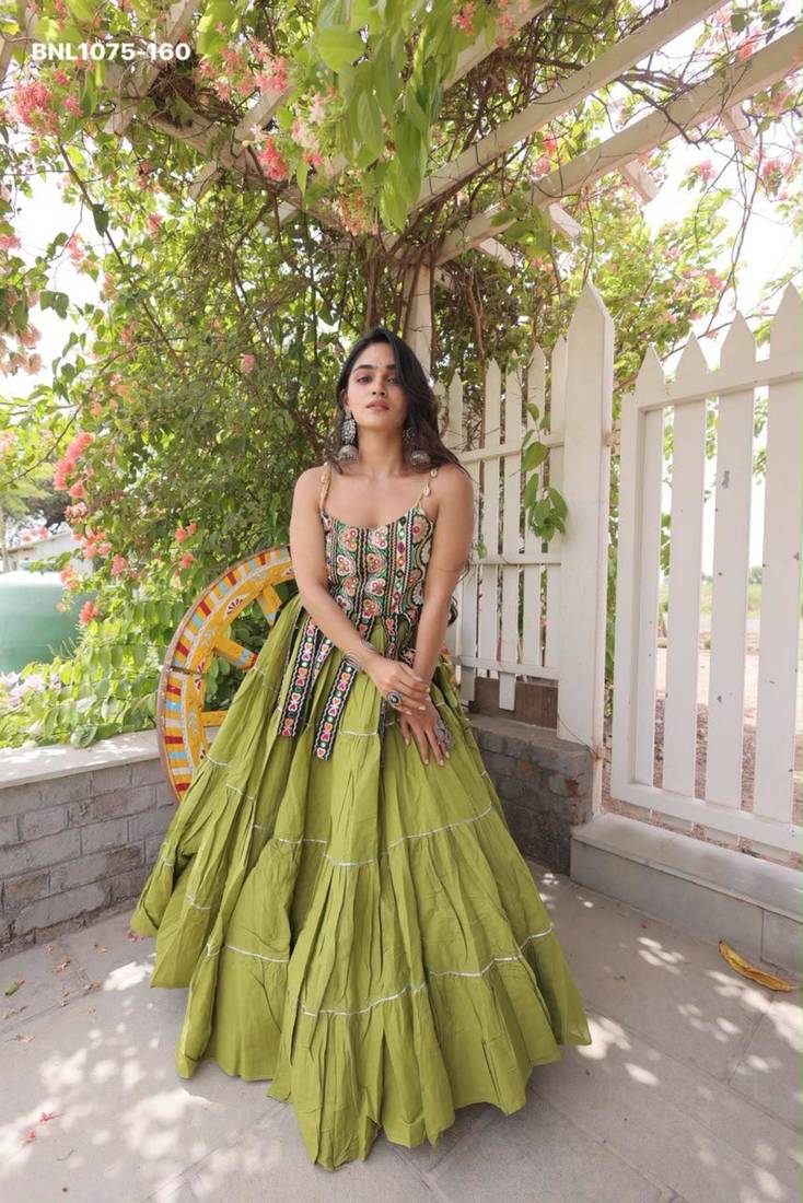 Navratri Green Dori Detail Lehenga Choli in Cotton Poly