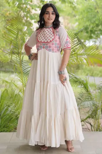 Off-white cotton poly embroidered flared gown set