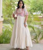 Off-white cotton poly embroidered flared gown set