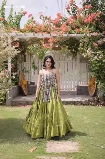 Navratri Green Dori Detail Lehenga Choli in Cotton Poly