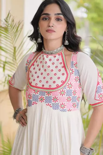 Off-white cotton poly embroidered flared gown set