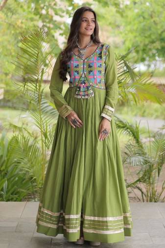 Green cotton embroidered flared gown set