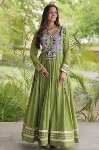 Green cotton embroidered flared gown set