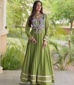 Green cotton embroidered flared gown set