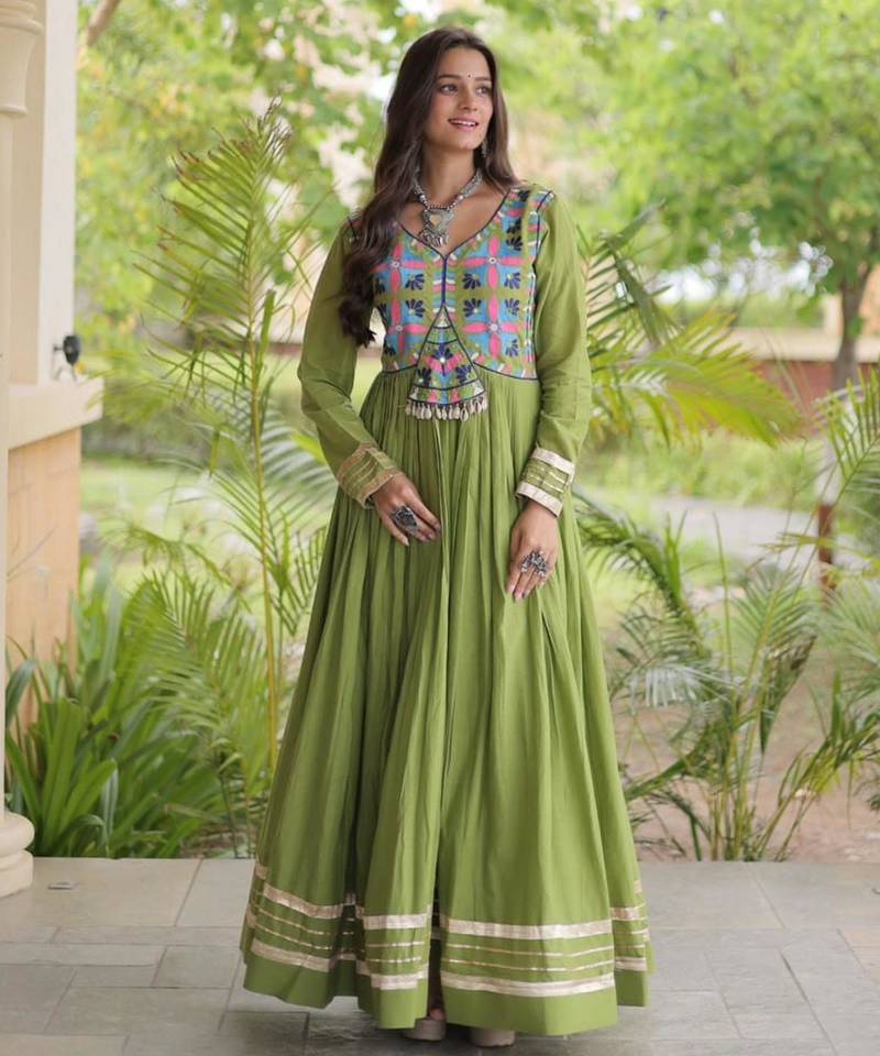Green cotton embroidered flared gown set