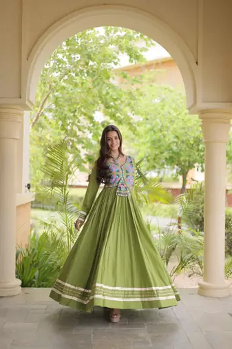 Green cotton embroidered flared gown set