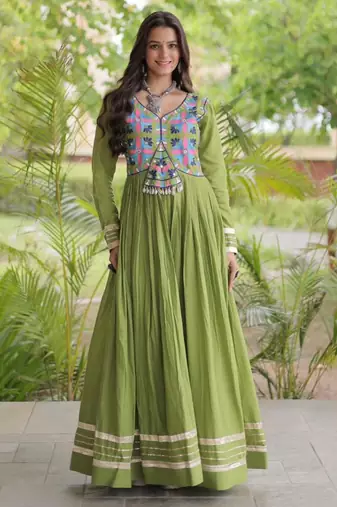 Green cotton embroidered flared gown set